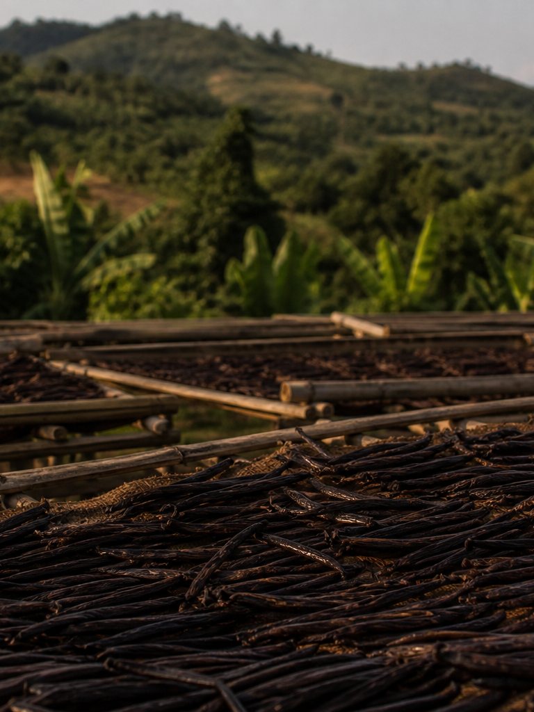 Cured vanilla pods conditioning on raised drying beds