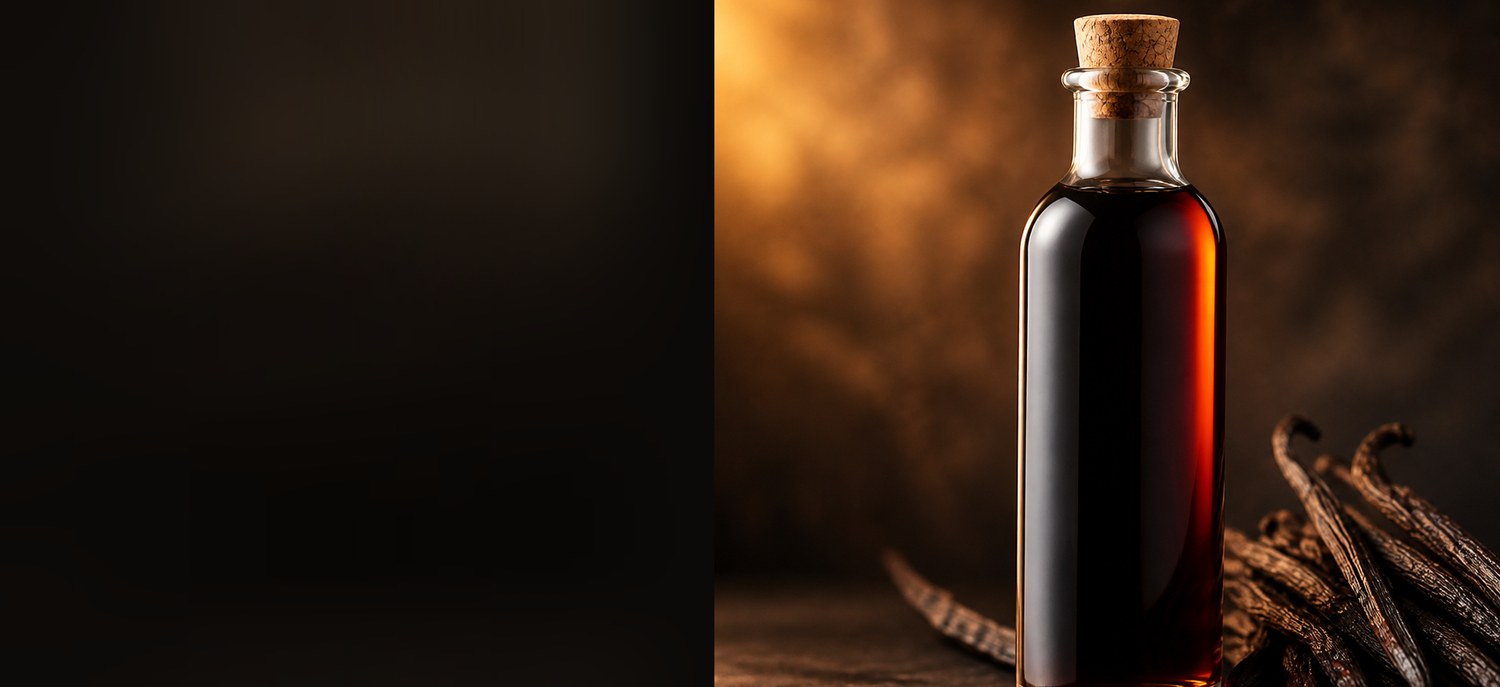 Deep amber Ugandan vanilla extract in a clear bottle beside cured Vanilla planifolia beans