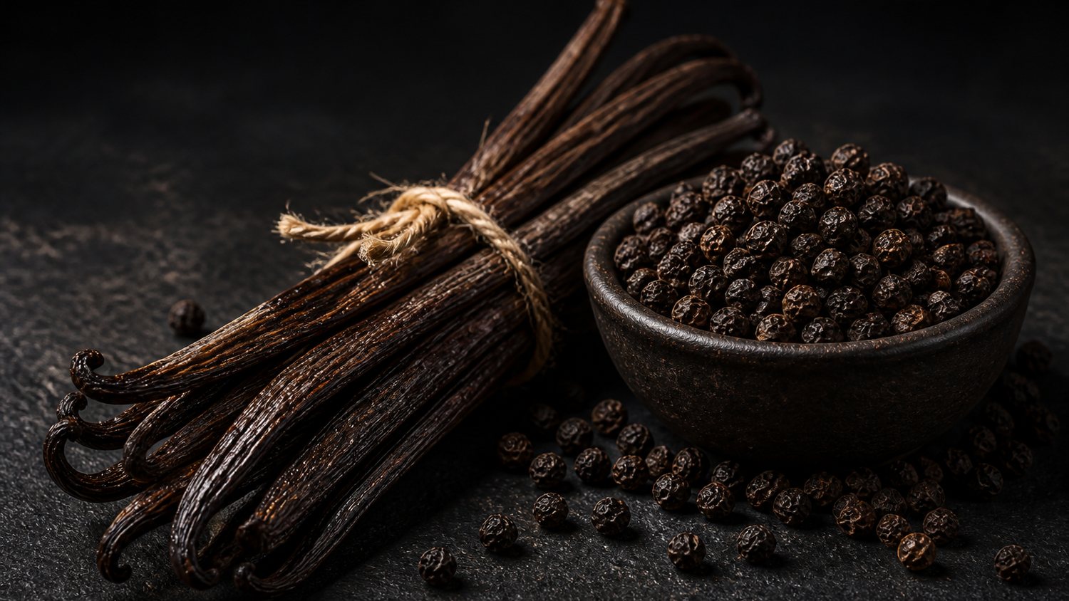 Bundle of cured vanilla pods beside a bowl of black peppercorns
