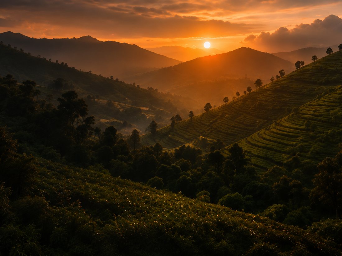 Sunrise over pepper vines in the Ugandan highlands