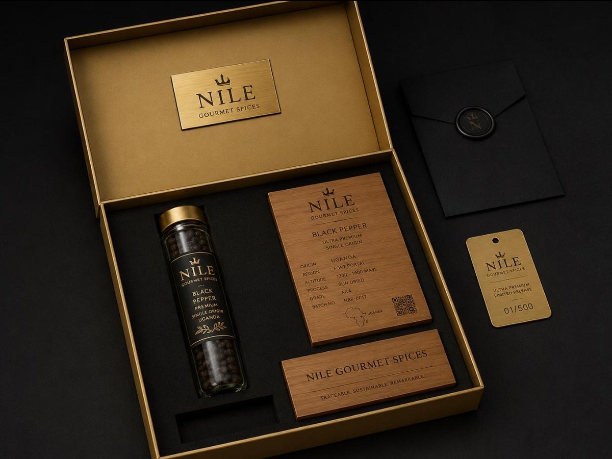 Black pepper presentation box with glass tube, engraved lot card, sealed certificate envelope and numbered brass tag