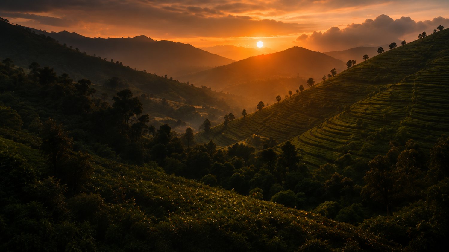 Terraced highland plots in Uganda at sunrise