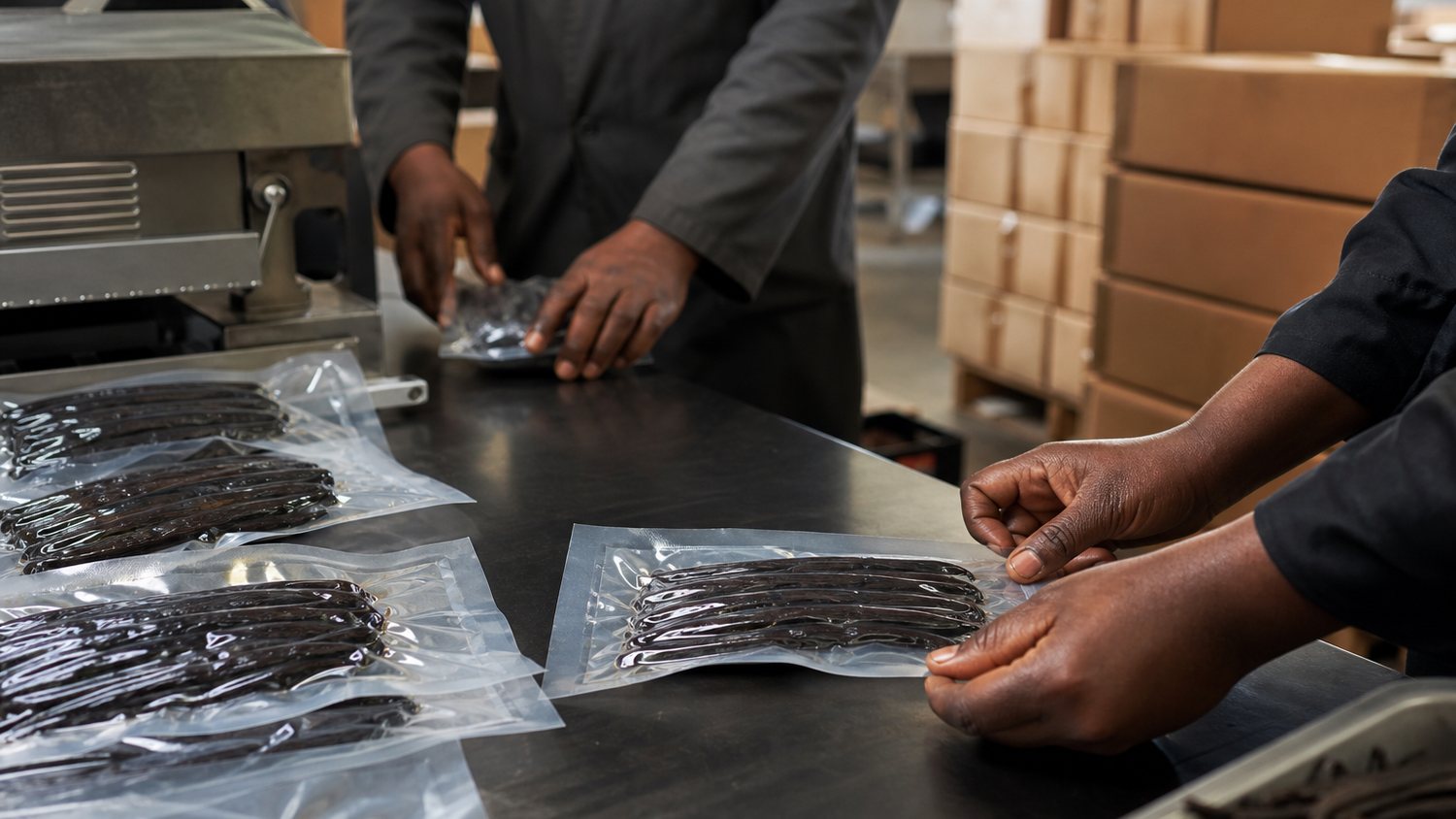Vacuum-sealing vanilla beans for export in a packing room