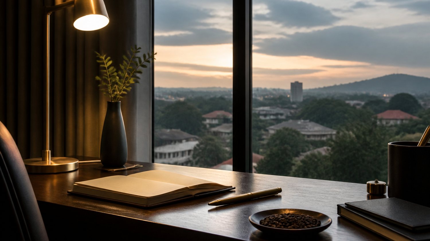 Quiet Kampala desk with notebook and peppercorns by a window at dusk