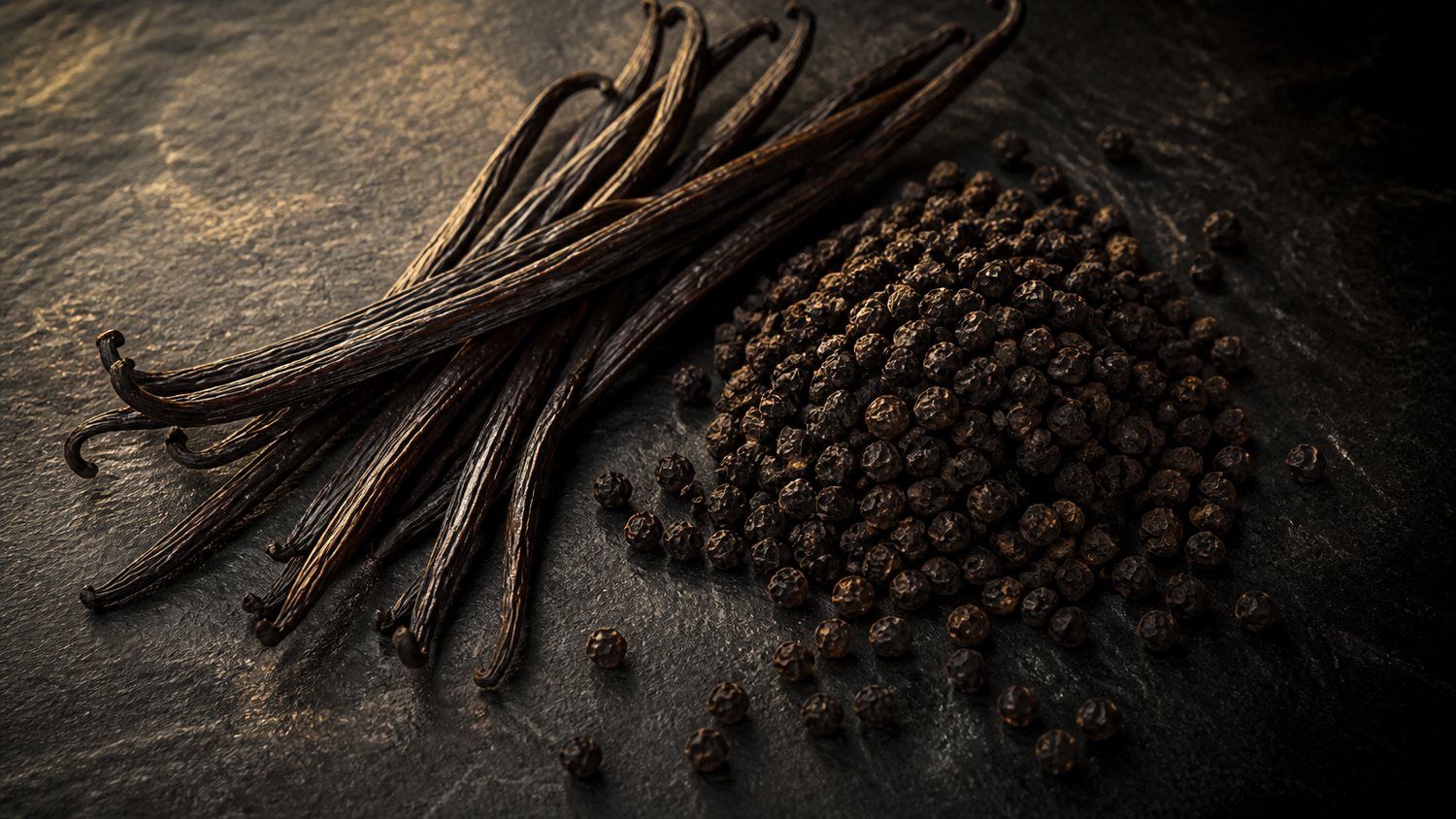 Cured vanilla beans and whole black peppercorns on a dark stone surface