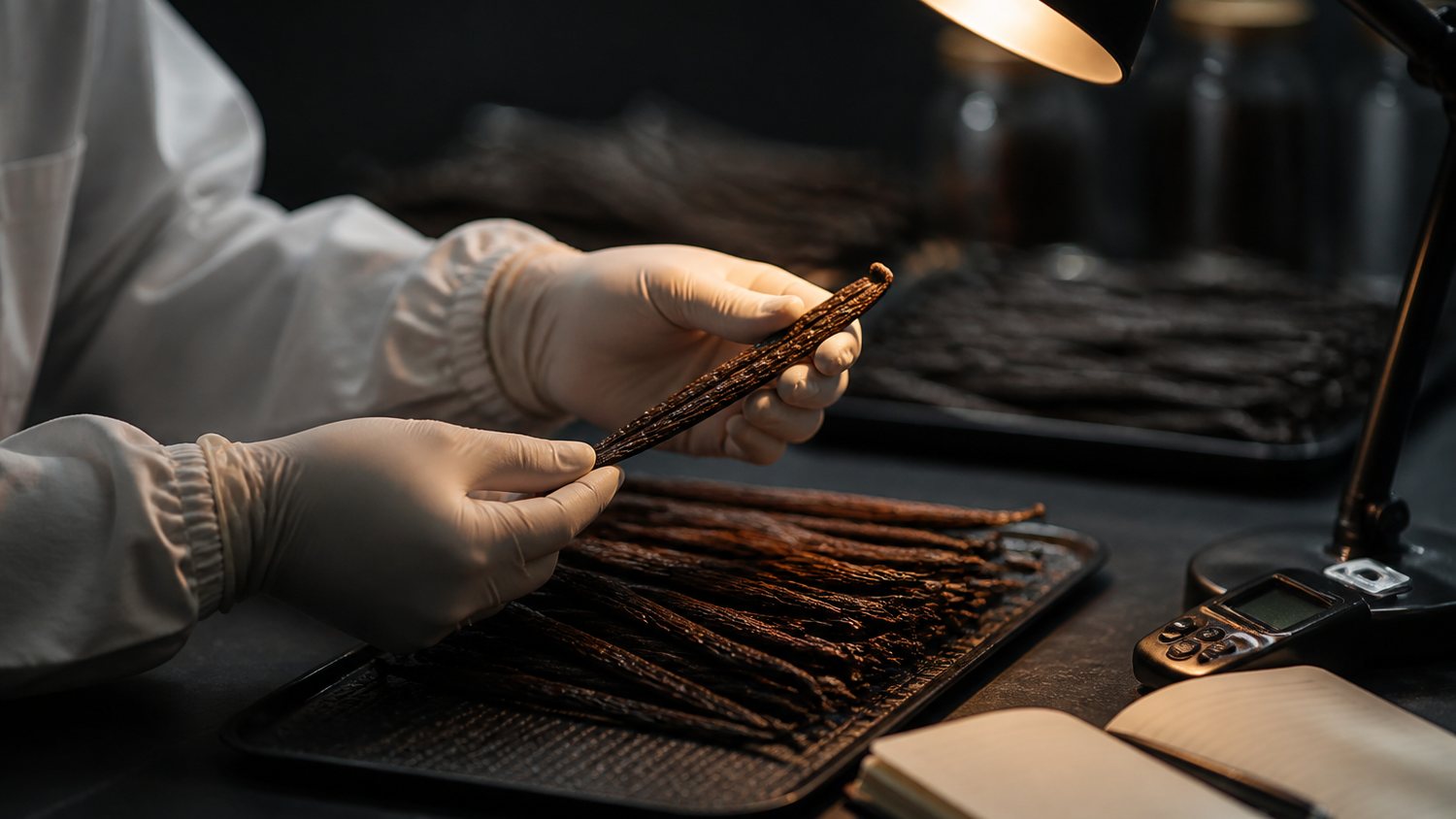Hands inspecting cured vanilla beans under focused work light
