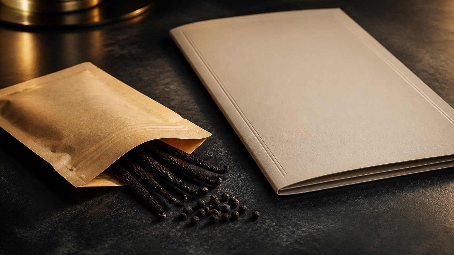 Open kraft sample pouch of vanilla beans beside a sealed documents folder