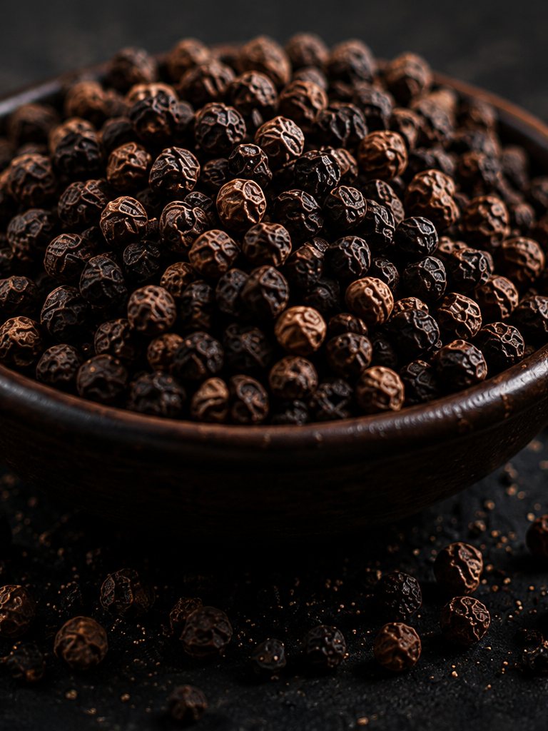 Wooden bowl filled with whole black peppercorns