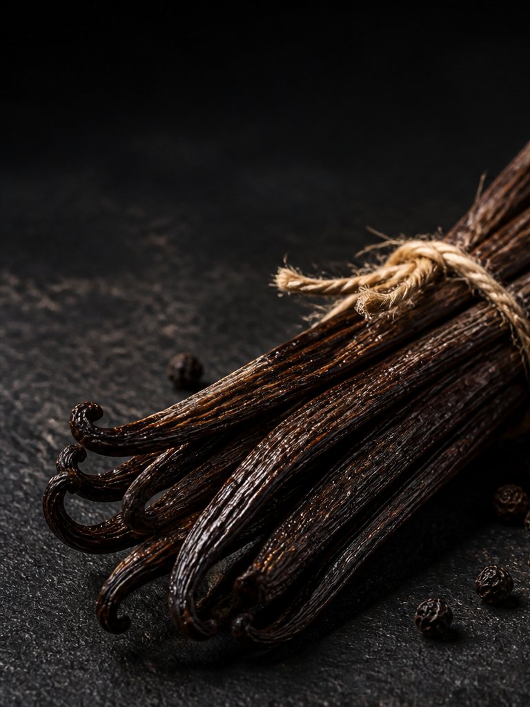 Bundle of cured vanilla pods tied with twine on dark slate