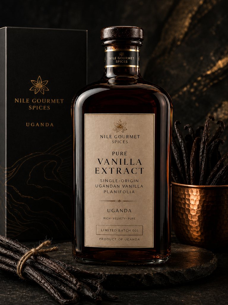 Deep amber Ugandan vanilla extract beside cured Vanilla planifolia beans