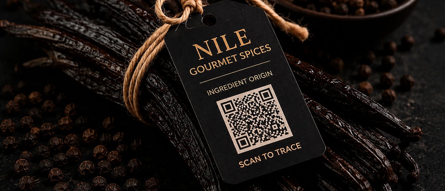 Vanilla pods tied with a Nile Gourmet Spices tag carrying a scannable QR code